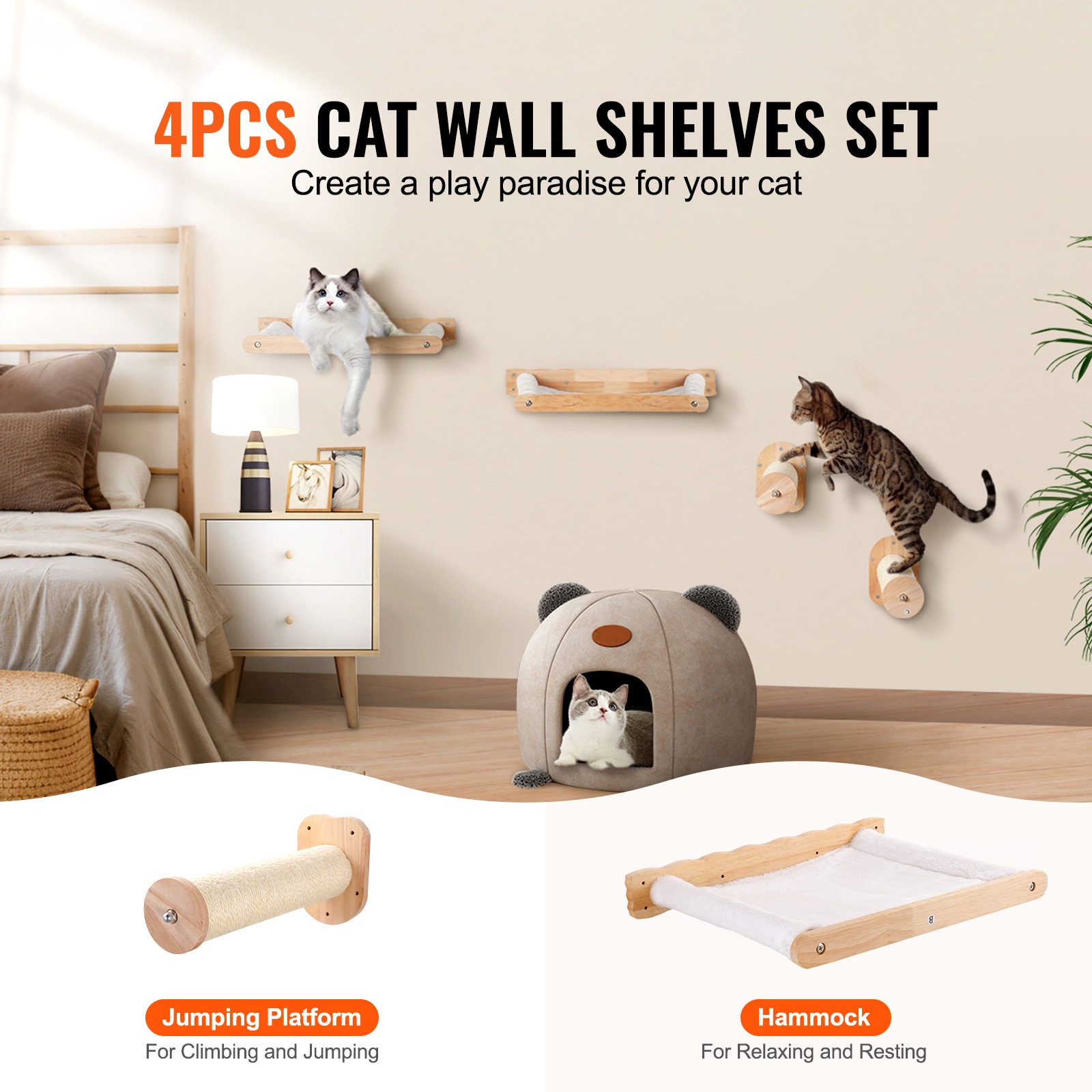 Wall Mounted Cat Shelves With 2 Jumping Posts & 2 Hammocks Up To 40 Lbs_voghion.com